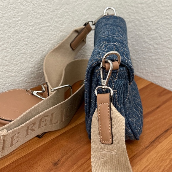 TRUE RELIGION Denim Quilted Horseshoe Wide Strap Coin Purse Flap Crossbody Bag - Picture 5 of 16